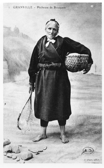 Postcard depicting a Prawn Fisherwoman from Granville, Normandy, early twentieth century by French Photographer